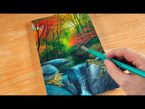 How to Draw Autumn Forest Waterfall / Acrylic Painting Tutorial