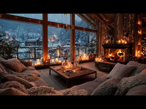 Warm Fireplace & Soft Piano Relaxing Holiday Ambience with Snowfall
