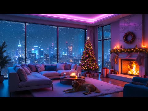 Cozy Christmas Lofi 🎄 Snowy City View &amp; Fireplace Ambience 🔥 Chill Beats for Study, Sleep, Relax