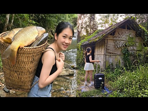 The girl left the city to live in the forest - she caught a huge school of fish in the stream.