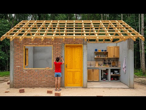 Woman builds kitchen alone in the woods - Builds oven, cutting table