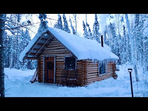 Off Grid Log Cabin After The Snowstorm: -25F Freezing Temps, Lots Of Snow