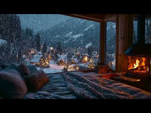 Snowy Cabin Winter Night | Cozy Fireplace Crackling & Snow Sounds for Deep Relaxation & Calm