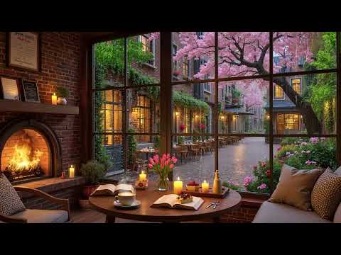 Peaceful Rainy Coffee Shop Ambience ☕🌧️ Warm Jazz Piano & Fireplace Sounds for Relax & Work