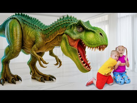 Oliver bermain dengan mainan dinosaurus yang menjadi hidup