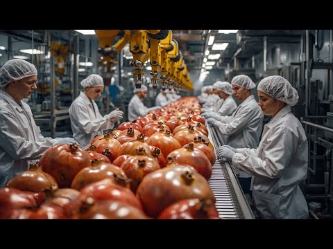 Inside a Modern Pomegranates Fresh Juice Factory-  Pomegranates into Fresh Juice