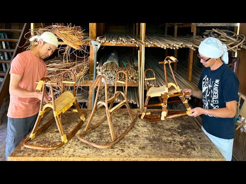 The process of making a Japanese wooden horse.   Japanese rattan craftsman.