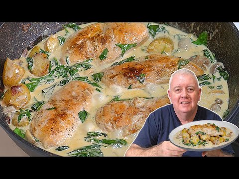 Creamy SMOTHERED CHICKEN with Spinach, Potatoes, and Mushrooms ONE PAN MEAL