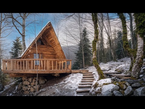 Alone construction of a log house. A Log Cabin