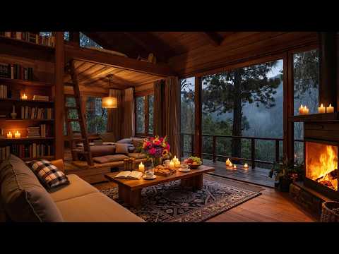 Cozy Rainy Forest Cabin 🌧️ Warm Jazz Music, Crackling Fireplace & Rain Sounds for Deep Relaxation