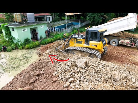 Complete Perfectly Bilding Road Construction Over The Water Using Stones For Fill Cleaning Forest