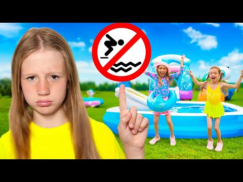 Nastya's dad teaches the kids the rules of staying safe at the pool.