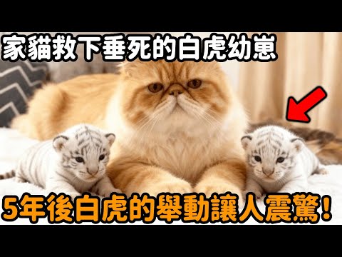 一隻家貓救下兩隻垂死的白虎幼崽，帶回家悉心照料，沒想到5年後白虎們長大，他們的舉動讓所有人震驚不已！#白虎 #小貓 #動物母愛 #動物情感 #跨物種救助 #動物故事 #真實故事 #心靈飼養員