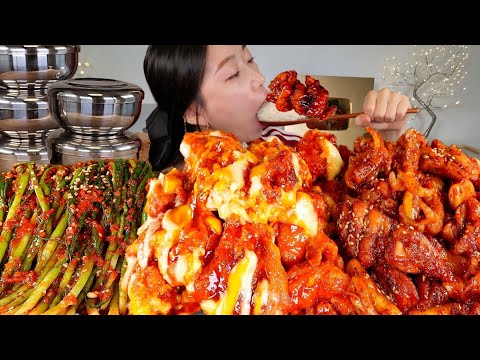 ASMR 밥이랑 먹어볼게요 닭발 추가 지코바 숯불치킨 맘스터치 핫치즈빅싸이순살 치밥 파김치 리얼먹방 :) Spicy seasoned chicken MUKBANG