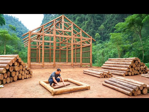 Man Builds a Cozy Cabin with Wood & Dirt Blocks by Hand Alone in the Jungle | Start to Finish