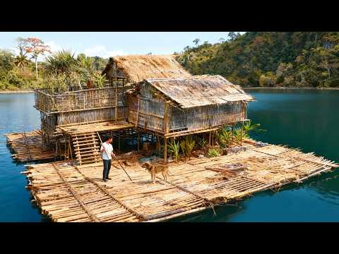 Um homem constrói uma vila flutuante primitiva na água, do início ao fim