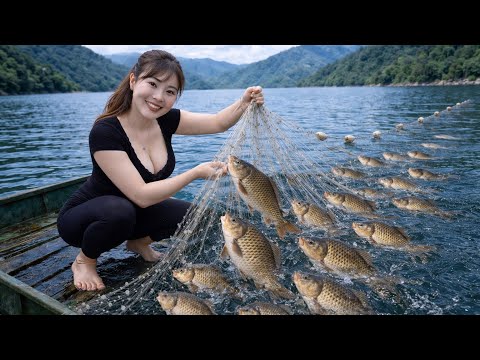 Beautiful 18-Year-Old Village Girl Casts 1000m Net – Huge Fish Harvest!