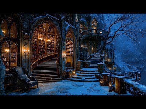 Snowy Gothic Library in a Winter Night | Dark Academia Piano & Violin Music for Reading, Relax
