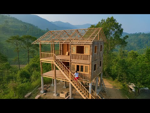 Young girl builds house in the forest: Building a WOODEN HOUSE in 98 days | By @Lý Thị Ngọc