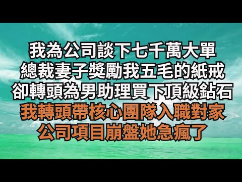 我為公司談下七千萬大單，總裁妻子獎勵我五毛的紙戒指，卻轉頭為男助理買下頂級鉆石，我轉頭帶核心團隊入職對家，公司項目崩盤她急瘋了【清風與你】
