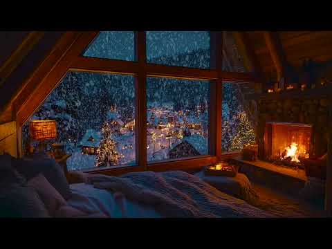 Calm Snowy Cabin Evening with Fireplace Crackles and Winter Sounds for Study and Deep Sleep