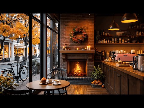 Autumn Coffee Shop Ambience with Crackling Fireplace 🍁☕ Relaxing Jazz Music for Study, Focus, & Work
