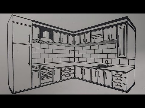 How to draw a kitchen in perspective with two points