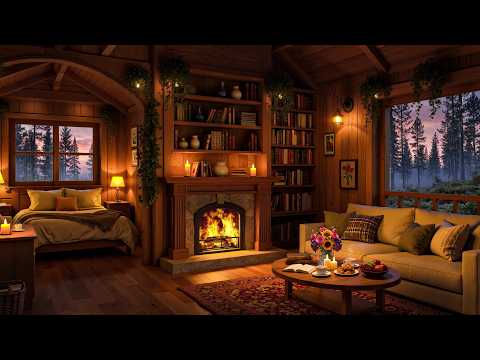 Jazz Relaxing Music, Rain & Fireplace Sounds for a Calm Mood | Cozy Forest Cabin Corner