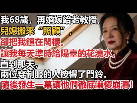 【我68歲】再婚嫁給老教授，兒媳搬來“照顧”，卻把我鎖在閣樓。讓我每天準時給陽臺的花澆水，直到那天，兩位穿制服的人按響了門鈴。隨後發生一幕讓他們徹底嚇傻崩潰！