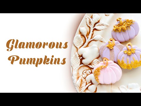 Beautiful Purple Glamorous Pumpkins with golden accents. Fall cookies. Satisfying cookie decorating.