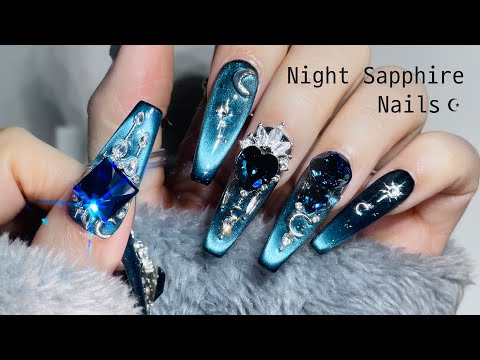 Sapphire Nails in the Depth of Night 🌘 Mesmerizing Jewel Art! Quick Gel Extensions | ASMR