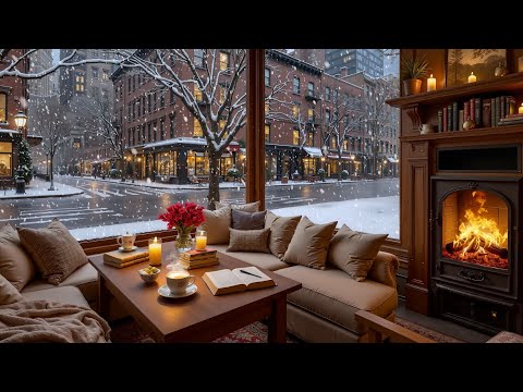 Beautiful Winter Jazz Café ❄️ Cozy Coffee Shop Ambience & Fireplace Sounds for Study & Work