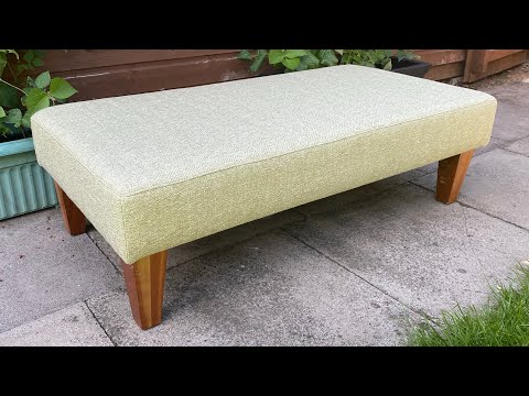 Recovering a large footstool/ pouffe with decorative top stitched border in new fabric