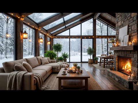 Warm Fireplace & Snowy Café Ambience ❄️ Relaxing Piano Background Music