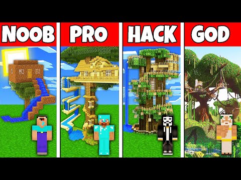 Minecraft Battle: NOOB vs PRO vs HACKER vs GOD! TREE HOUSE WITH WATER SLIDE BUILD CHALLENGE