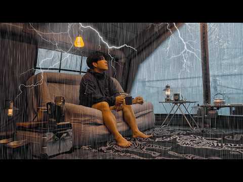 Camping in Heavy Rain with My Dog . 2-Room Luxury Inflatable Tent . Thunder & Lightening ASMR