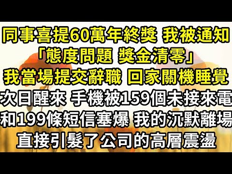 同事喜提60萬年終獎，我被通知｢態度問題，獎金清零｣，我當場提交辭職，回家關機睡覺。次日醒來，手機被159個未接來電，和199條短信塞爆，我的沉默離場，直接引髮了公司的高層震盪
