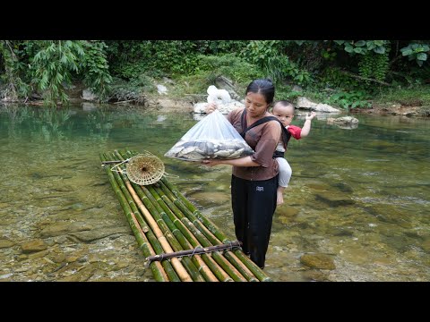 Single mother and her young child - going to the stream to build banks and weave cages to catch fish