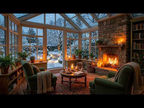 Soft Jazz & Cozy Fireplace Sounds for Stress Relief ❄️ Snowy Cabin Ambience in a Quiet Forest