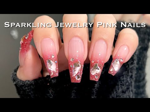 SUB)【Beginner-Friendly】 Cute & Elegant ✨ Sparkling Jewelry Pink Nails 💎💖/Gel-X/ASMR