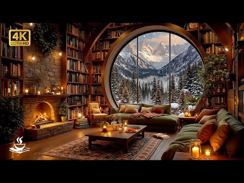 Cozy Library Jazz Nights for Winter Reading ❄️ Relaxing Snowy Ambience & Warm Fireplace Aesthetic