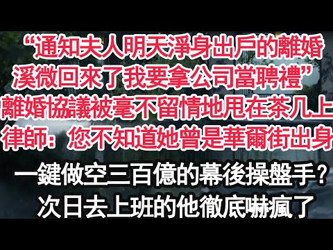 “通知夫人明天淨身出戶的離婚，溪微回來了我要拿公司當聘禮”離婚協議被毫不留情地甩在茶几上，律師：您不知道她曾是華爾街出身，一鍵做空三百億的幕後操盤手？次日去上班的他徹底嚇瘋了【顧亞男】【大女主】