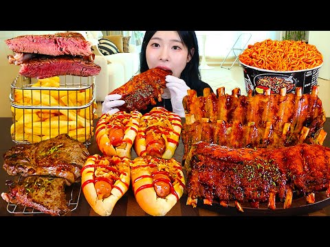 ASMR MUKBANG | 2kg BBQ Ribs, American Hotdog Steak, and Fire Noodles Eating & Recipe
