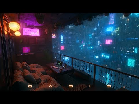 OASIS: Cozy Blade Runner Ambience & Rain | Relaxing Cyberpunk Balcony for Focus & Sleep