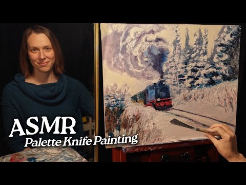 ASMR Palette Knife Painting: Steam Train in Winter Snow (Soft Spoken, 2 Hours)