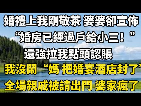 婚禮上我剛敬茶 婆婆卻宣佈“婚房已經過戶給小三！” 還強拉我點頭認賬 我沒鬧“媽 把婚宴酒店封了”全場親戚被請出門 婆家當場瘋了#小說 #故事頻道