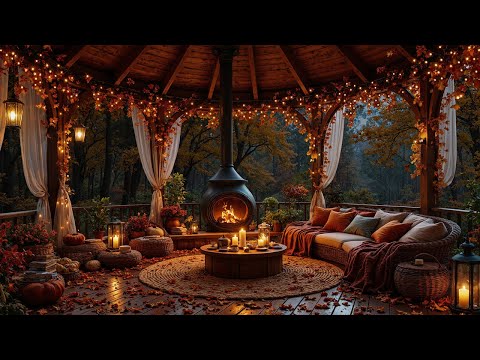 Unwind on the Autumn Porch 🍂 Smooth Jazz, Gentle Rain Sounds & the Warm Glow of a Fireplace