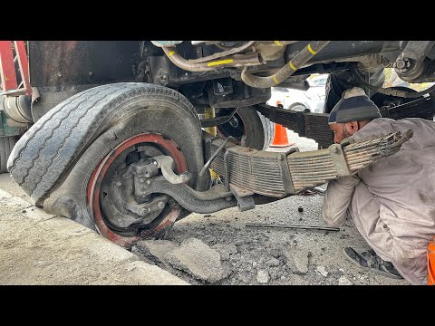 Truck tyre are Blast in Road Due to Overload & Front Axle Repair