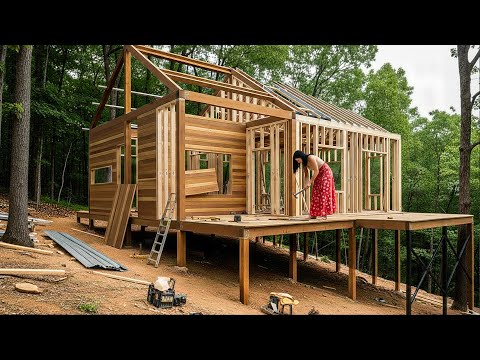 Alone on the Hillside – Young Woman Builds a Wooden House on Steep Forest Land Against All Odds