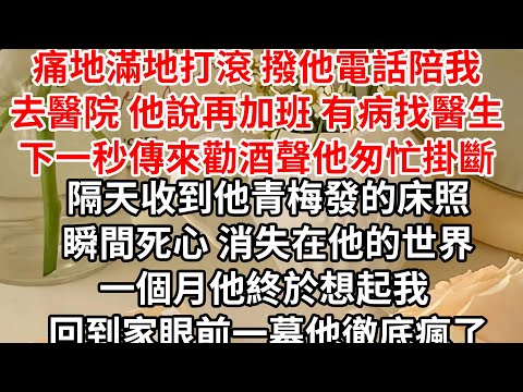 痛地滿地打滾 撥他電話陪我去醫院，他說再加班 有病找醫生，下一秒傳來勸酒聲他匆忙掛斷，隔天收到他青梅發的床照，瞬間死心 消失在他的世界，一個月他終於想起我 回到家眼前一幕他徹底瘋了